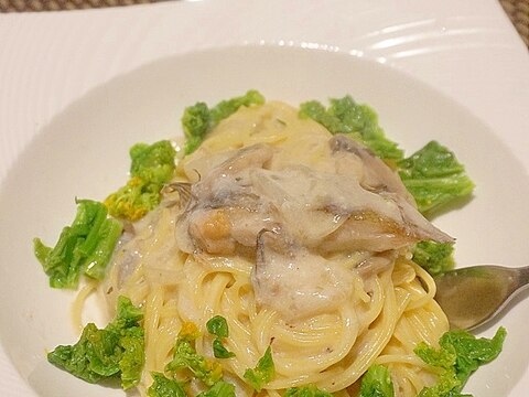 鰈の干物で、鰈と菜の花のクリームパスタ